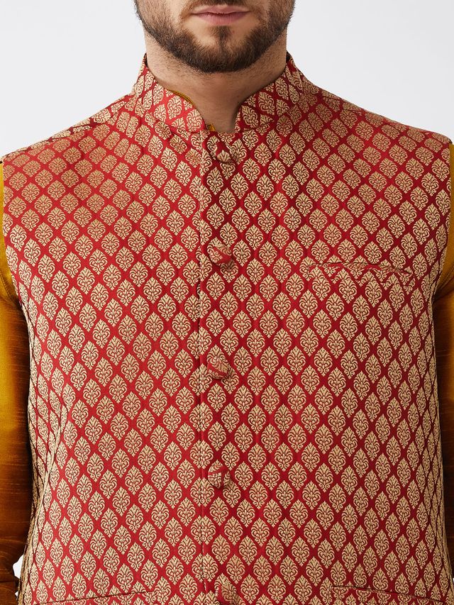 Men's Mustard Silk Blend Straight Jacket Kurta and Dhoti Set