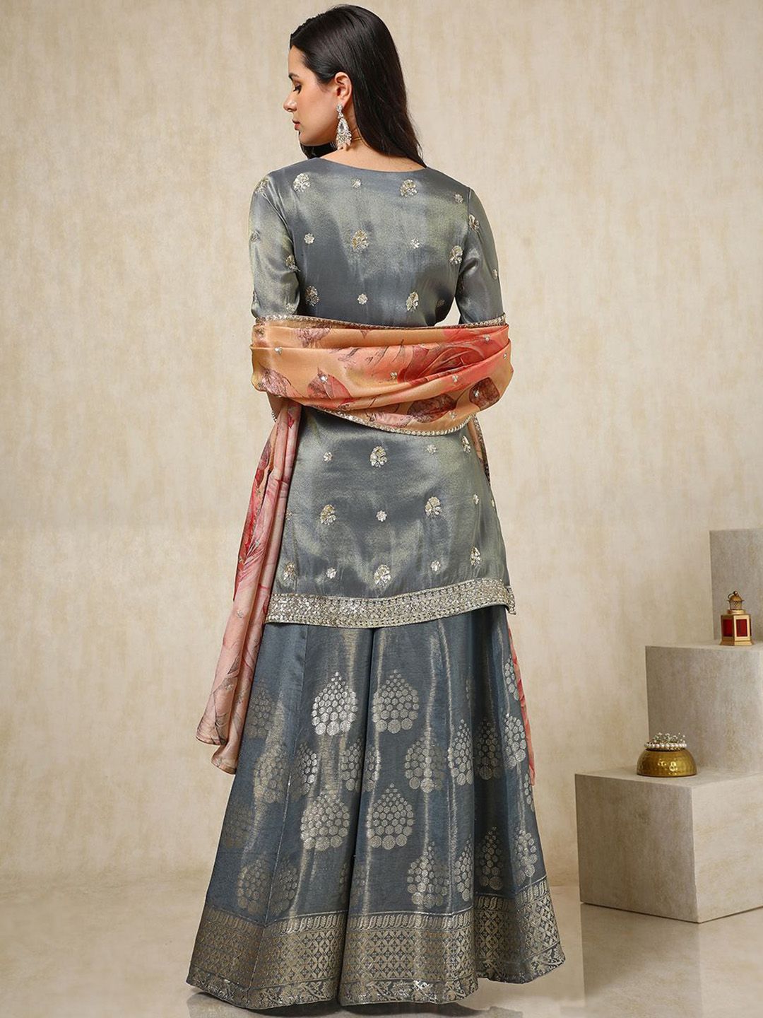 Dhiyona SO Women's Ethnic Motifs Embroidered Zardosi Kurti with Palazzos & Dupatta