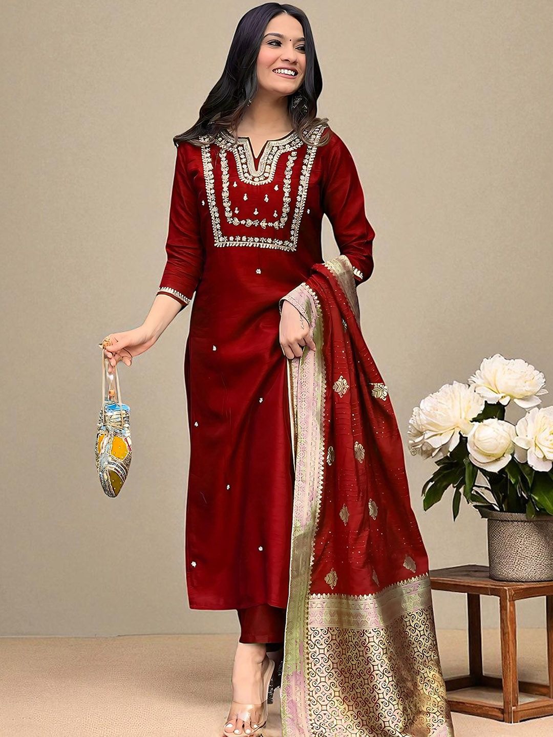 Dhiyona SN Women's Floral Embroidered Cotton Kurta with Trousers & Dupatta