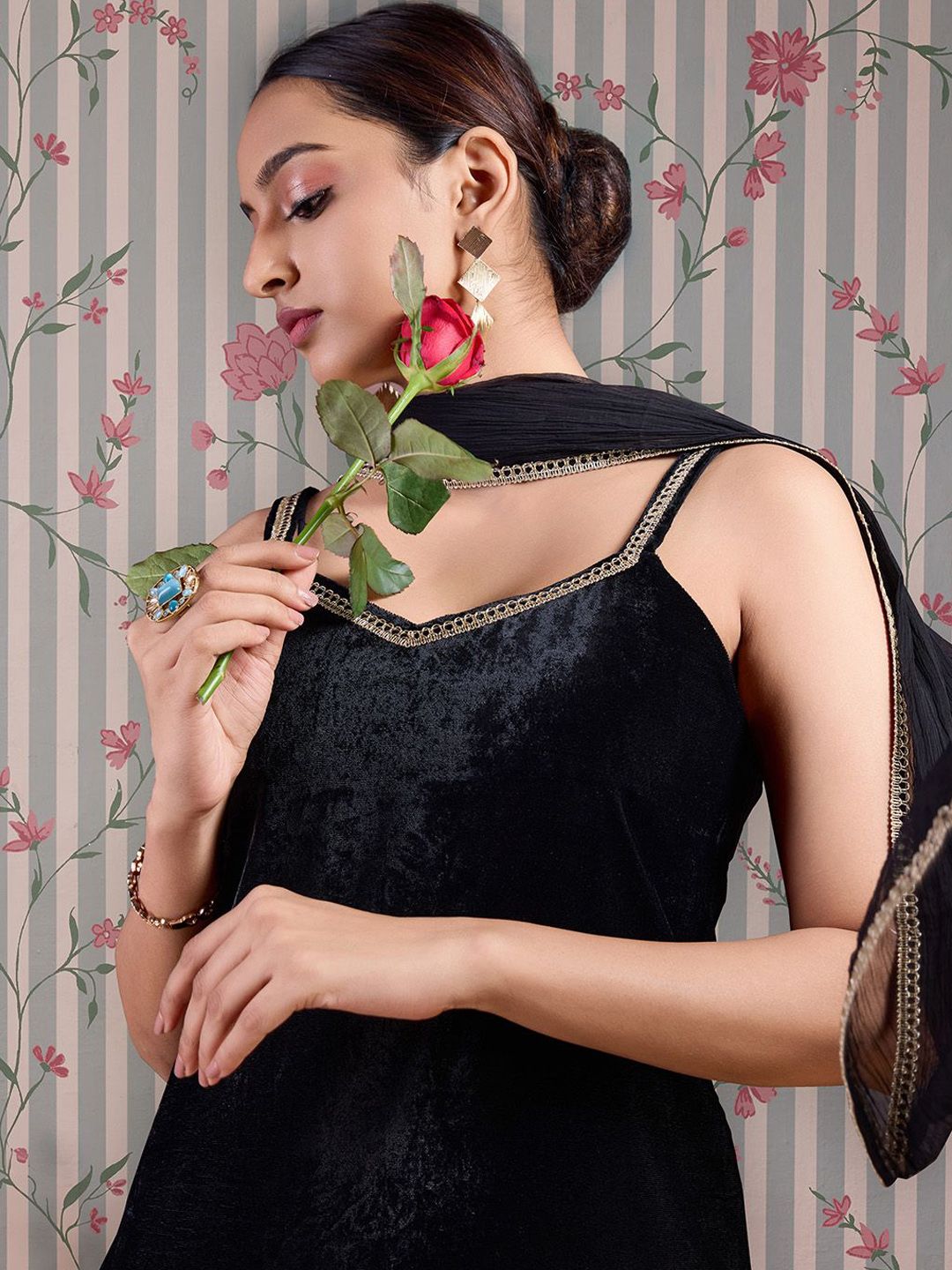 Dhiyona OD V Neck Gotta Patti Velvet Straight Kurta with Trousers & Dupatta