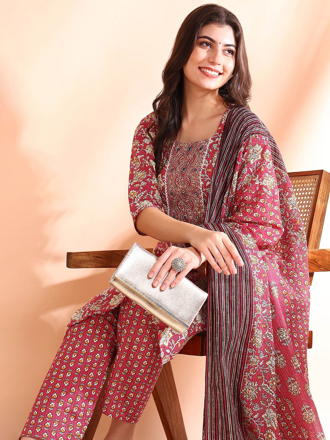 Dhiyona OD Printed Mirror Work Pure Cotton Kurta With Trousers & Dupatta