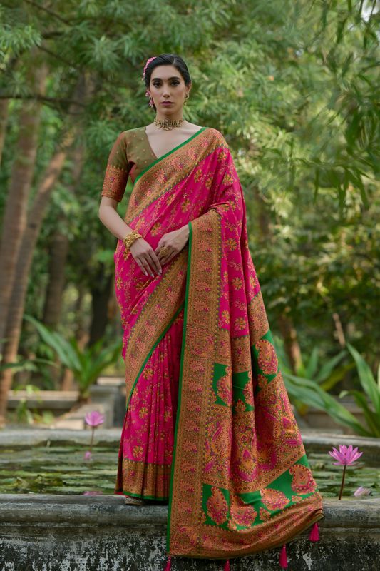 Pink Mahendi Pashmina Silk Saree