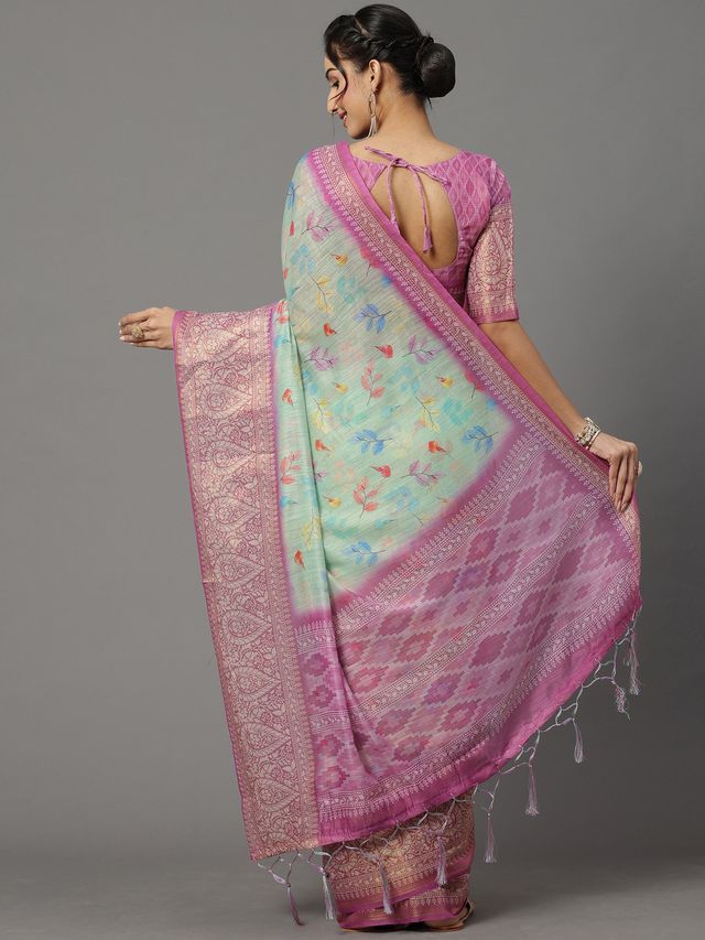 Women's Soft Silk Sea Green Printed Designer Saree With Blouse Piece