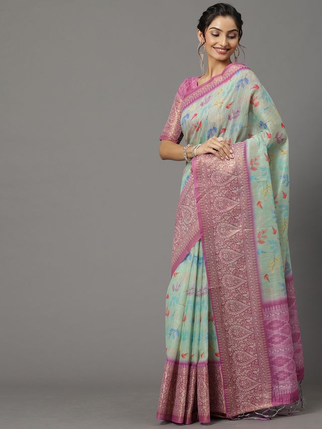 Women's Soft Silk Sea Green Printed Designer Saree With Blouse Piece