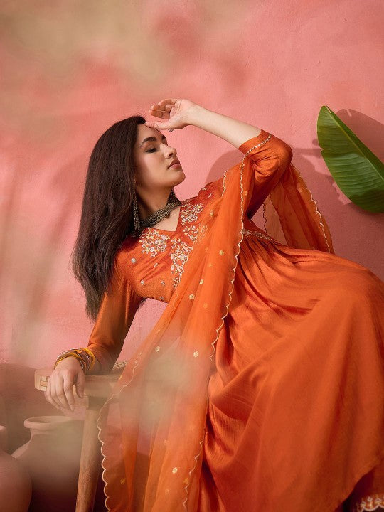Women's Orange Floral Embroidered V-Neck A-Line Kurta With Trousers And Dupatta