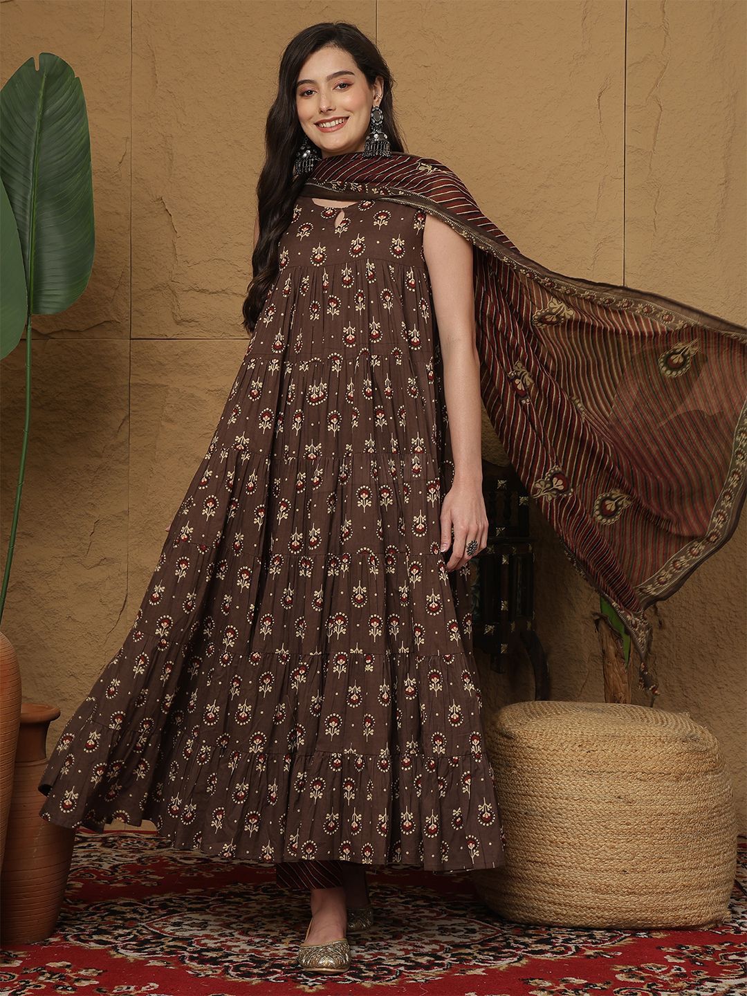 Dhiyona SN Women's Ethnic Motifs Printed Cotton Anarkali Kurta with Trousers & Dupatta