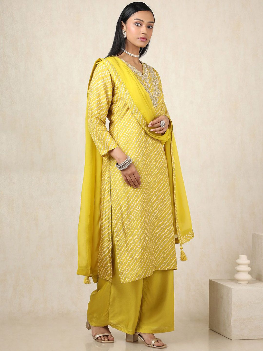 Dhiyona SO Women's Bandhani Printed Sequinned Straight Kurta With Palazzos & Dupatta