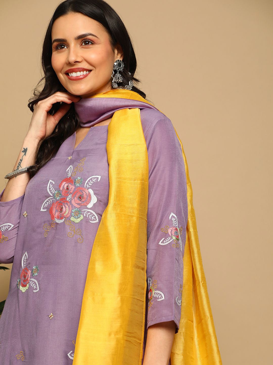 Dhiyona SN Women's Floral Embroidered Kurta with Trousers & Dupatta