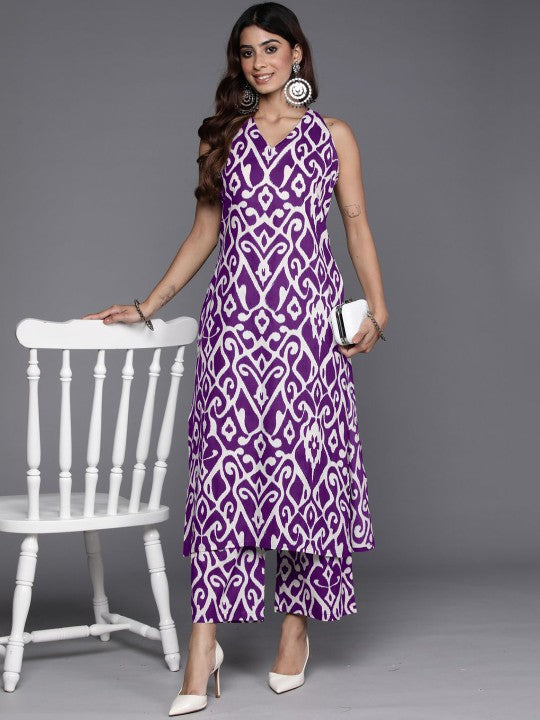 Dhiyona VR Women's Purple Ikat Printed Straight Kurta With Palazzo