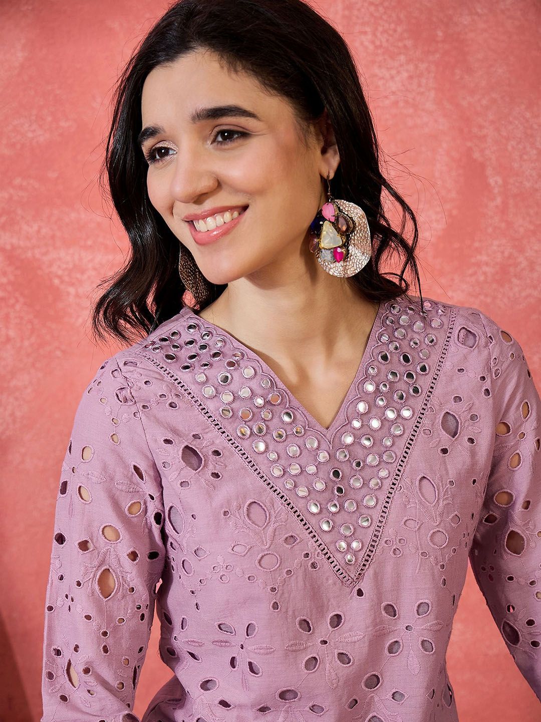 Dhiyona SN Women's Geometric Embroidered Mirror Work Pure Cotton Straight Kurta With Trousers
