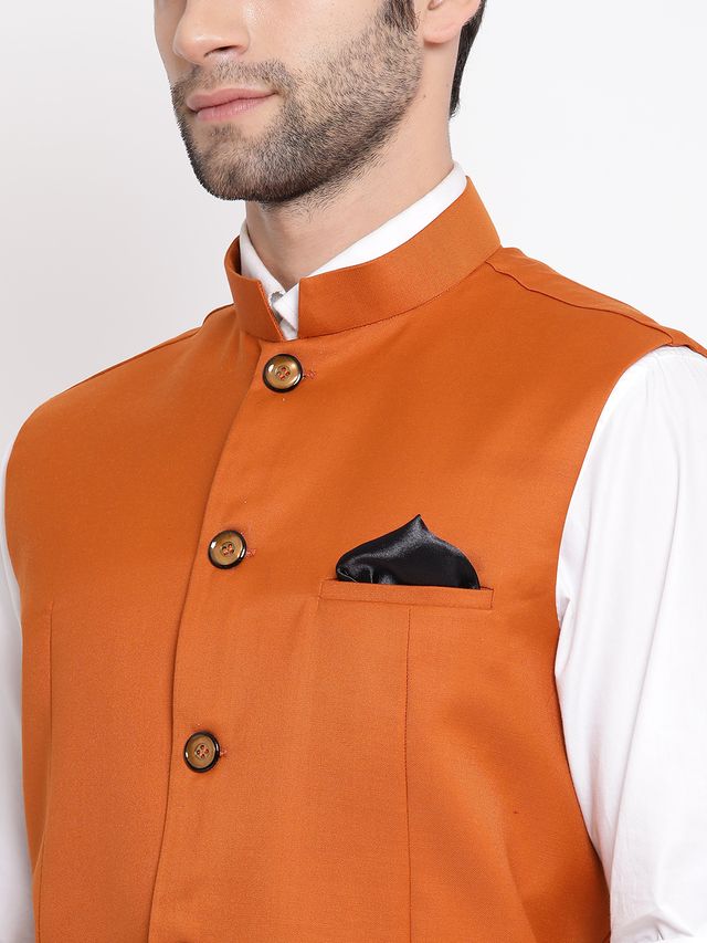 Men's Orange Cotton Silk Straight Nehru Jacket