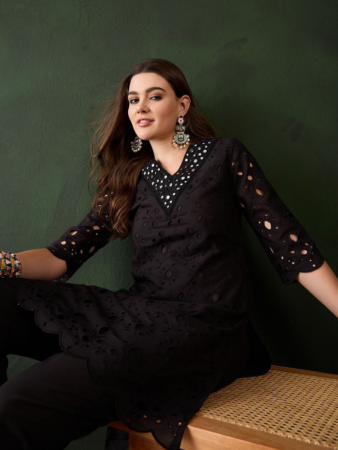 Dhiyona SN Women's Embroidered Regular Mirror Work Pure Cotton Kurti With Trousers