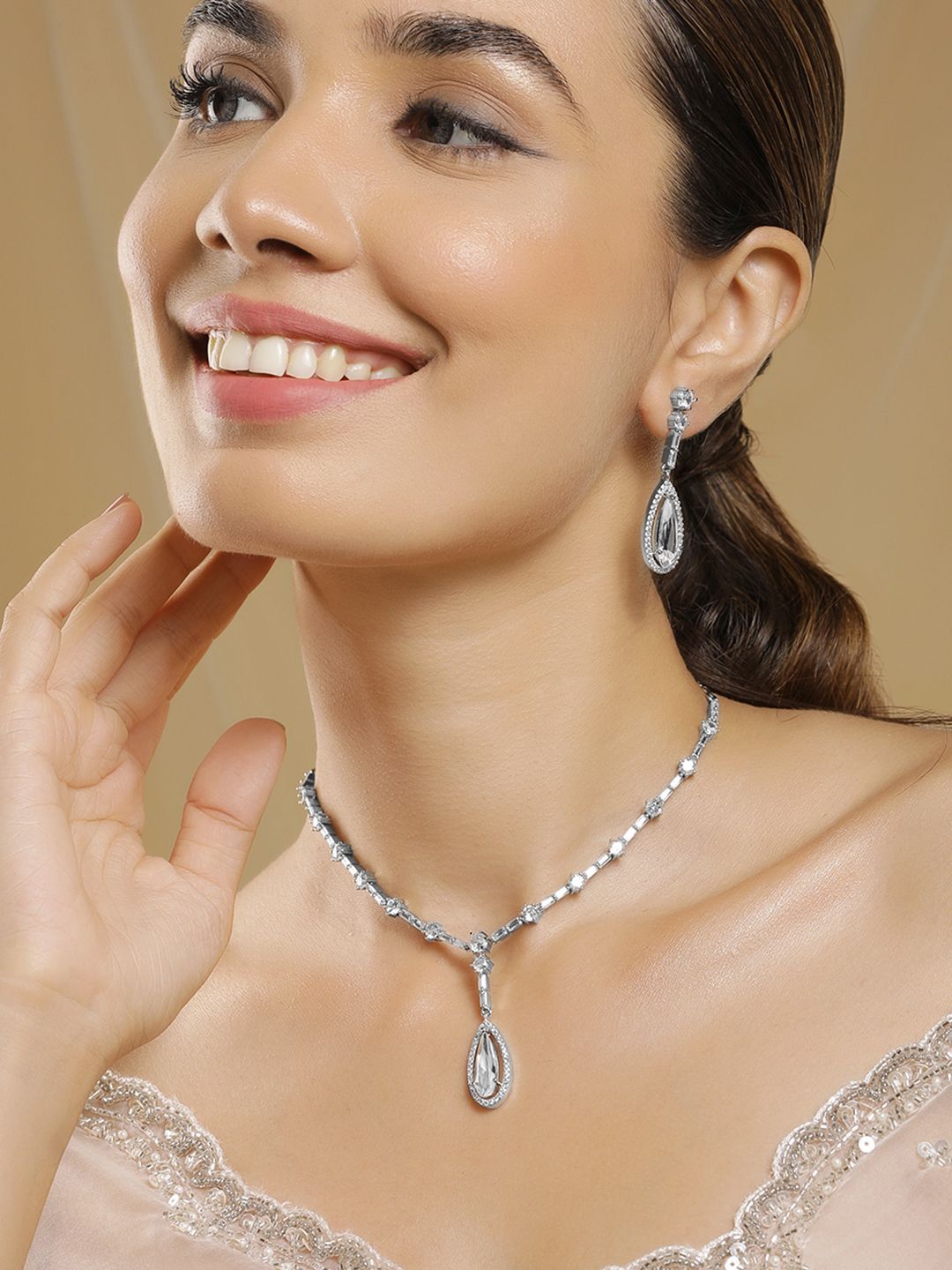 Dhiyona RJ Women's Rhodium Plated AD & Cubic Zirconia Studded Teardrop Statement Jewellery Set