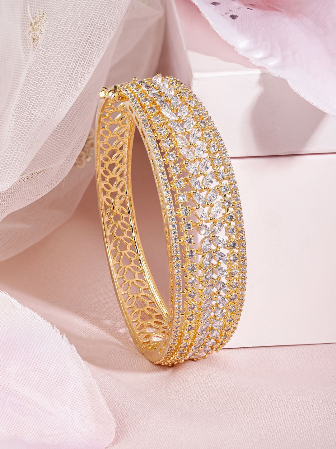 Dhiyona RJ Women's Gold-Plated Cubic Zirconia-Studded Bangle-Style Bracelet
