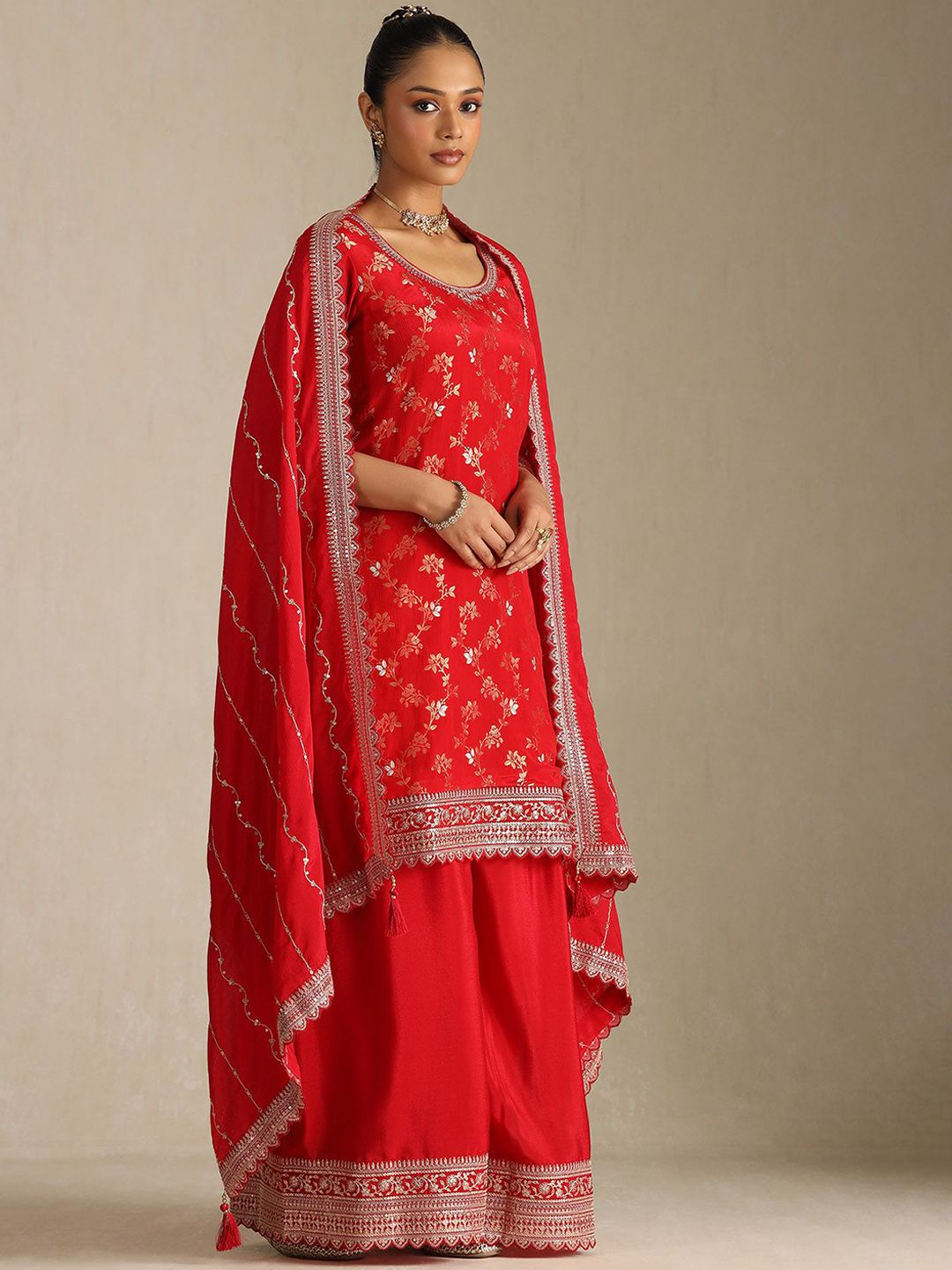Dhiyona SO Women's Floral Embroidered Sequinned Straight Kurta With Palazzos And Dupatta
