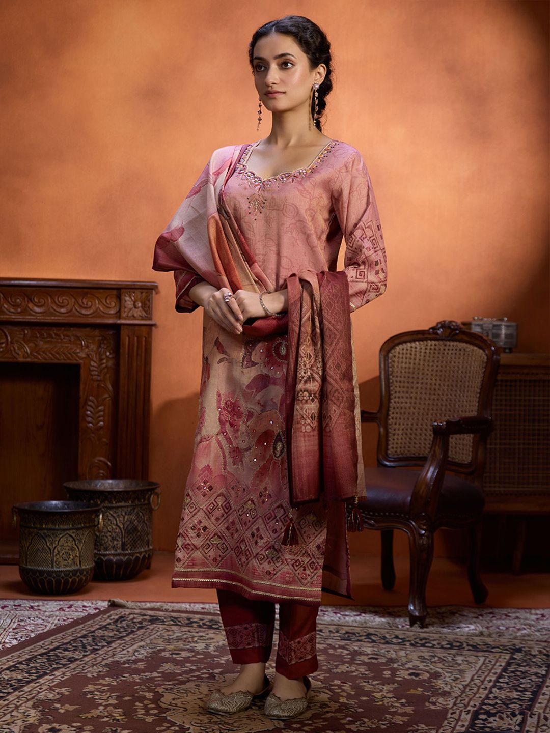 Dhiyona WP Floral Printed Straight Beads & Stones Kurta with Trousers & Dupatta