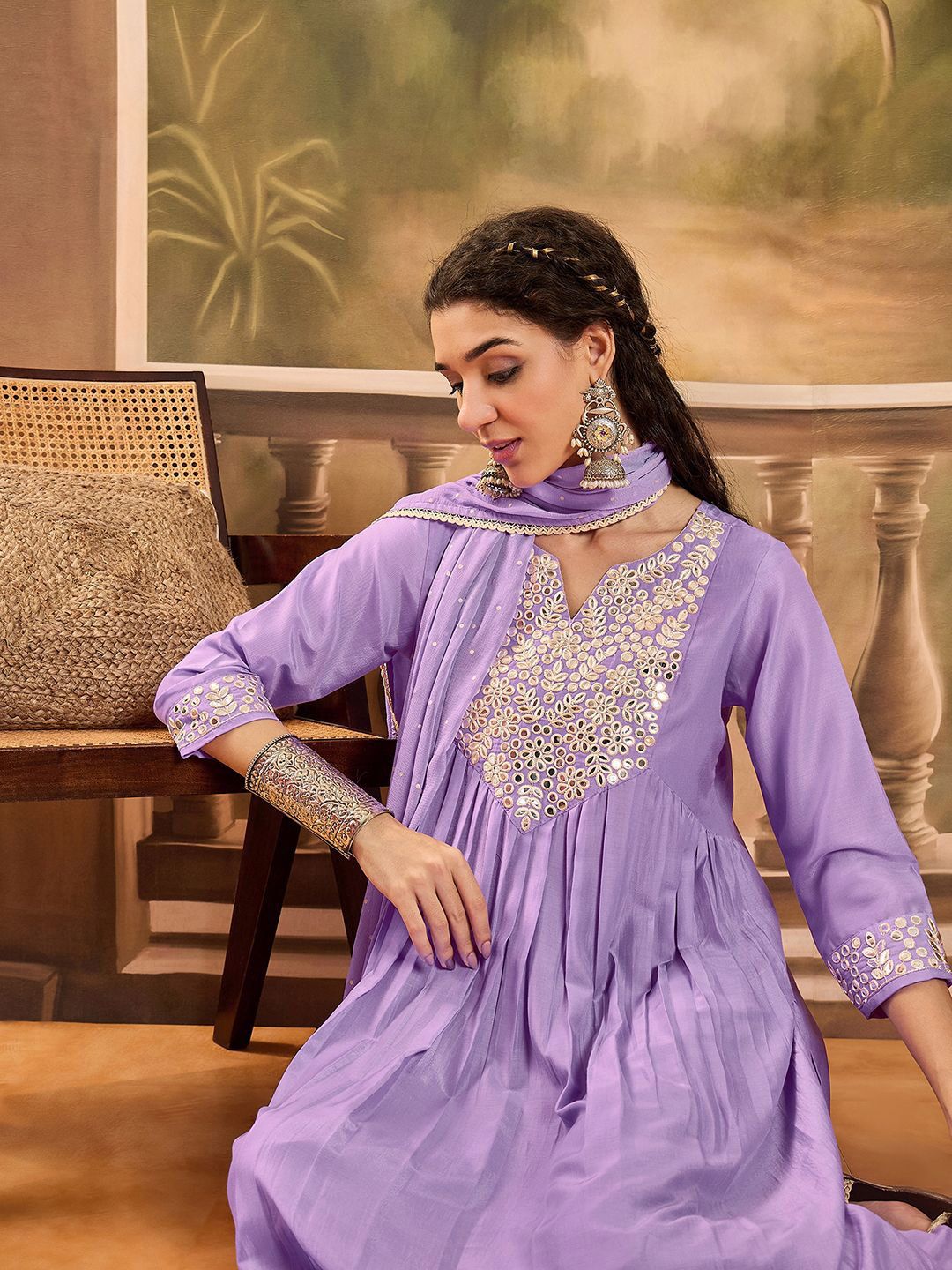 Dhiyona SN Women's Thread Embroidered With Mirror Work A-Line Kurta With Trousers & Dupatta