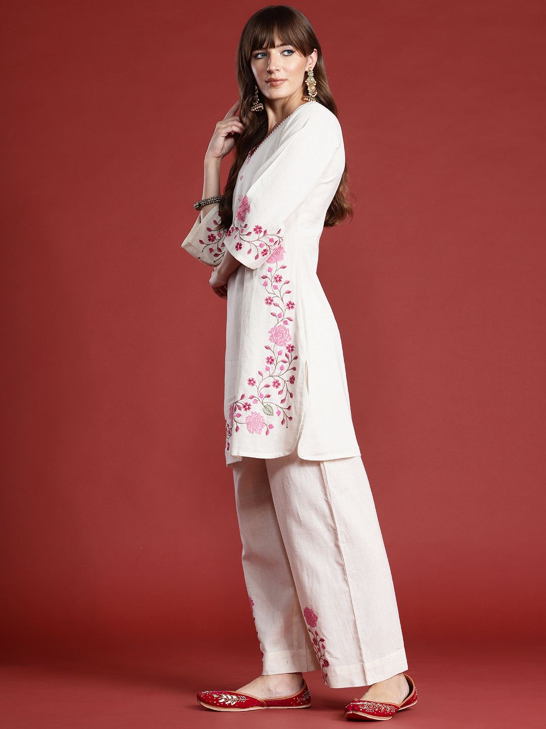 Dhiyona IE Floral Embroidered Thread Work Pure Cotton Kurta with Palazzos