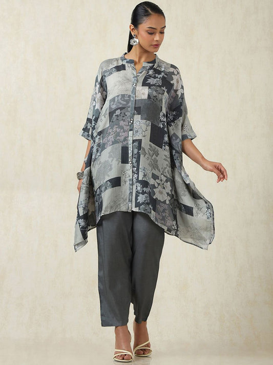 Dhiyona SO Women's Floral Printed Mandarin Collar Kaftan Kurta With Trousers