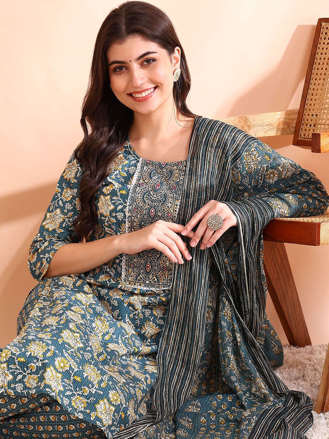 Dhiyona OD Printed Mirror Work Pure Cotton Kurta With Trousers & Dupatta