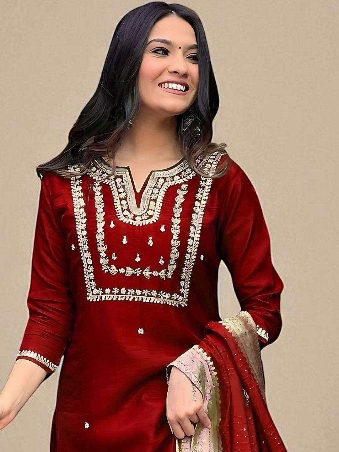 Dhiyona SN Women's Floral Embroidered Cotton Kurta with Trousers & Dupatta