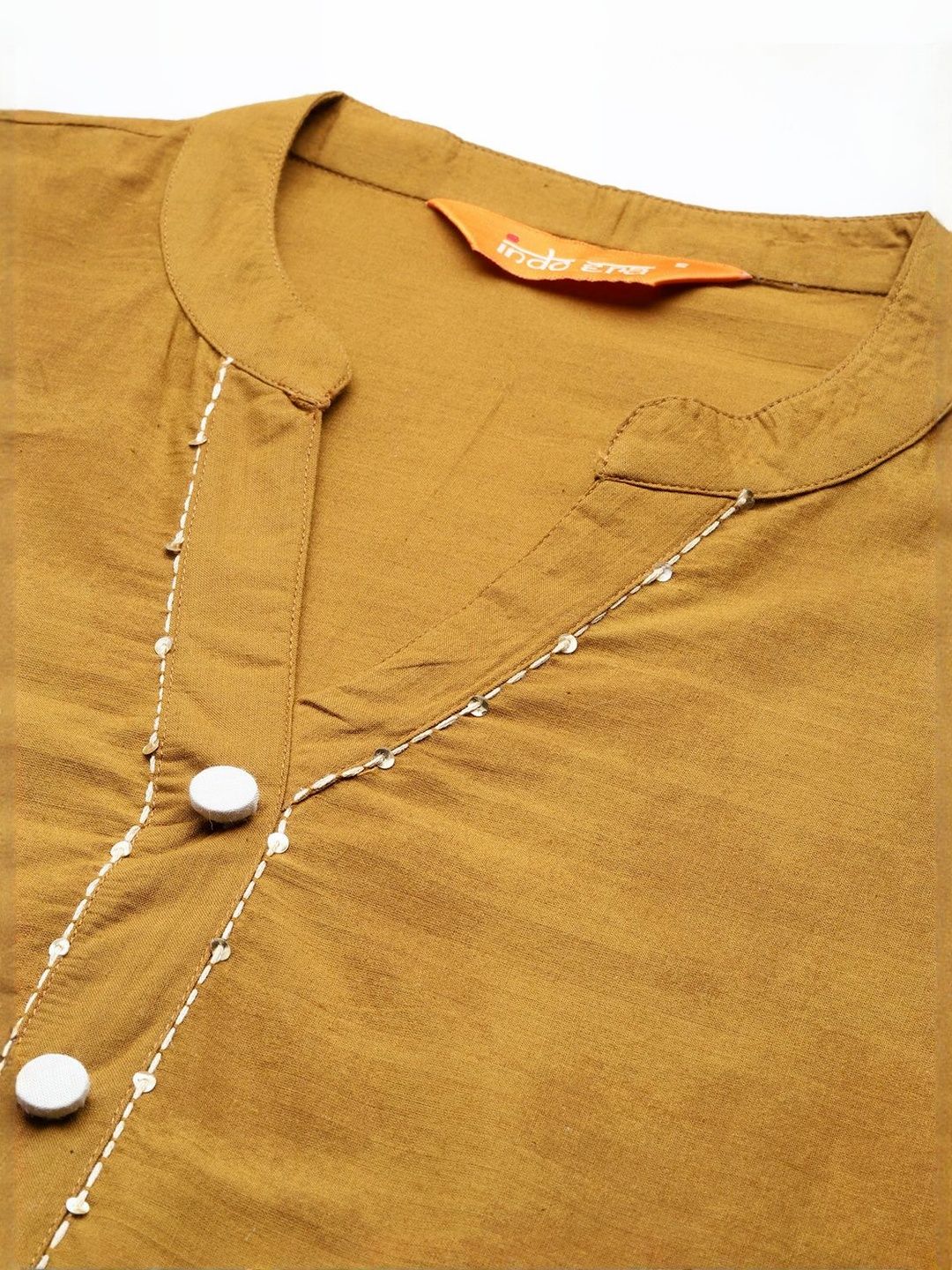 Floral Embroidered V-Neck Straight Sequinned Pure Cotton Kurta With Trouser