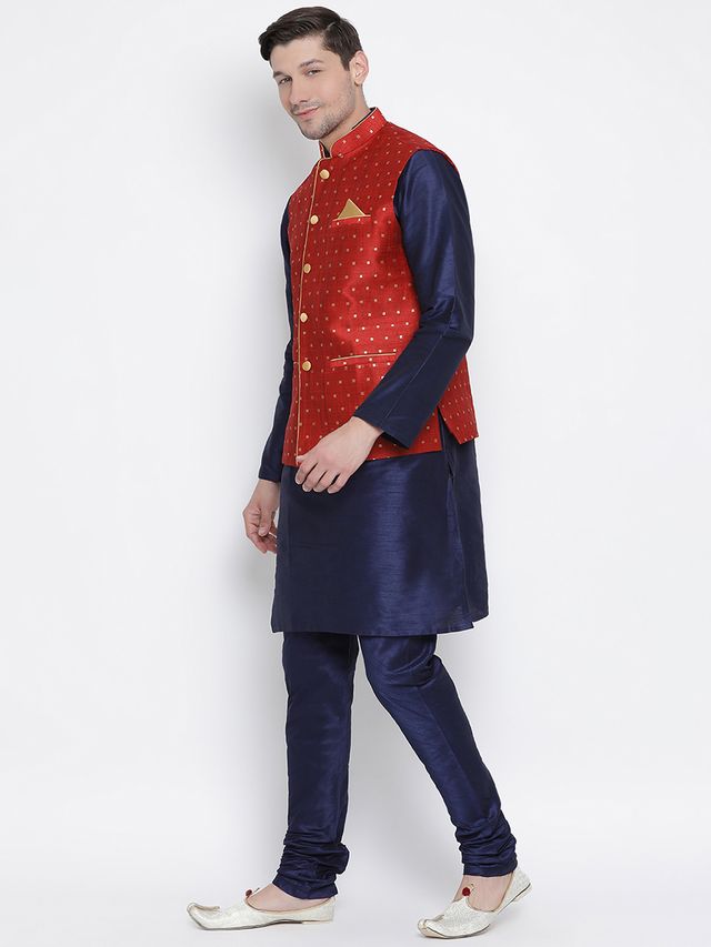 Men's Dark Blue Silk Blend Straight Jacket Kurta and Pyjama Set