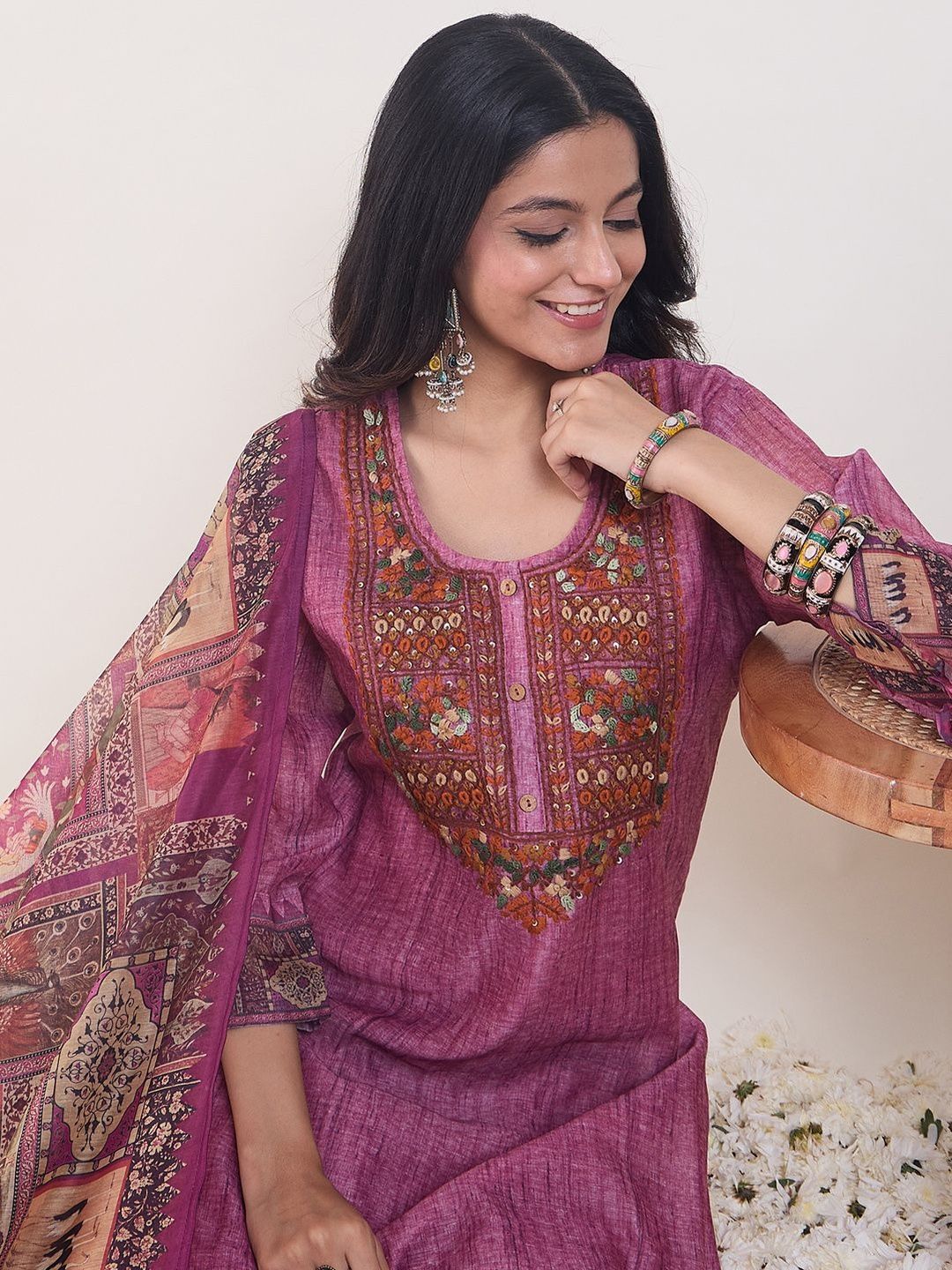 Embroidered Round Neck Thread Work Chanderi Cotton Kurta With Trousers & Dupatta