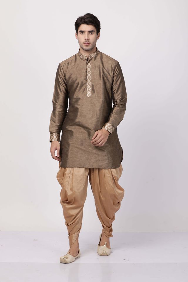 Men's Gold Silk Blend Pathani Kurta and Dhoti Set