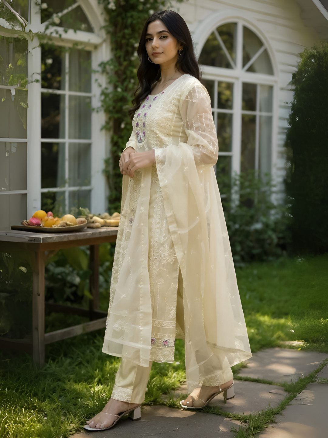 Dhiyona IE Women's Floral Embroidered Thread Work Organza Kurta With Trousers & Dupatta