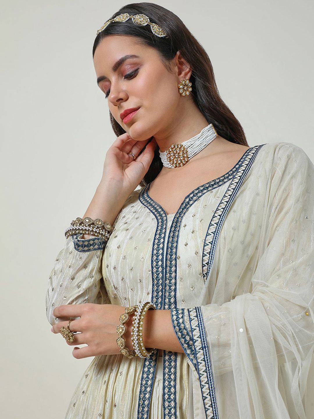Dhiyona SO Women's Alina Cut Beige Embroidered V-Neck Thread Work Tissue Anarkali Kurta With Palazzos & Dupatta