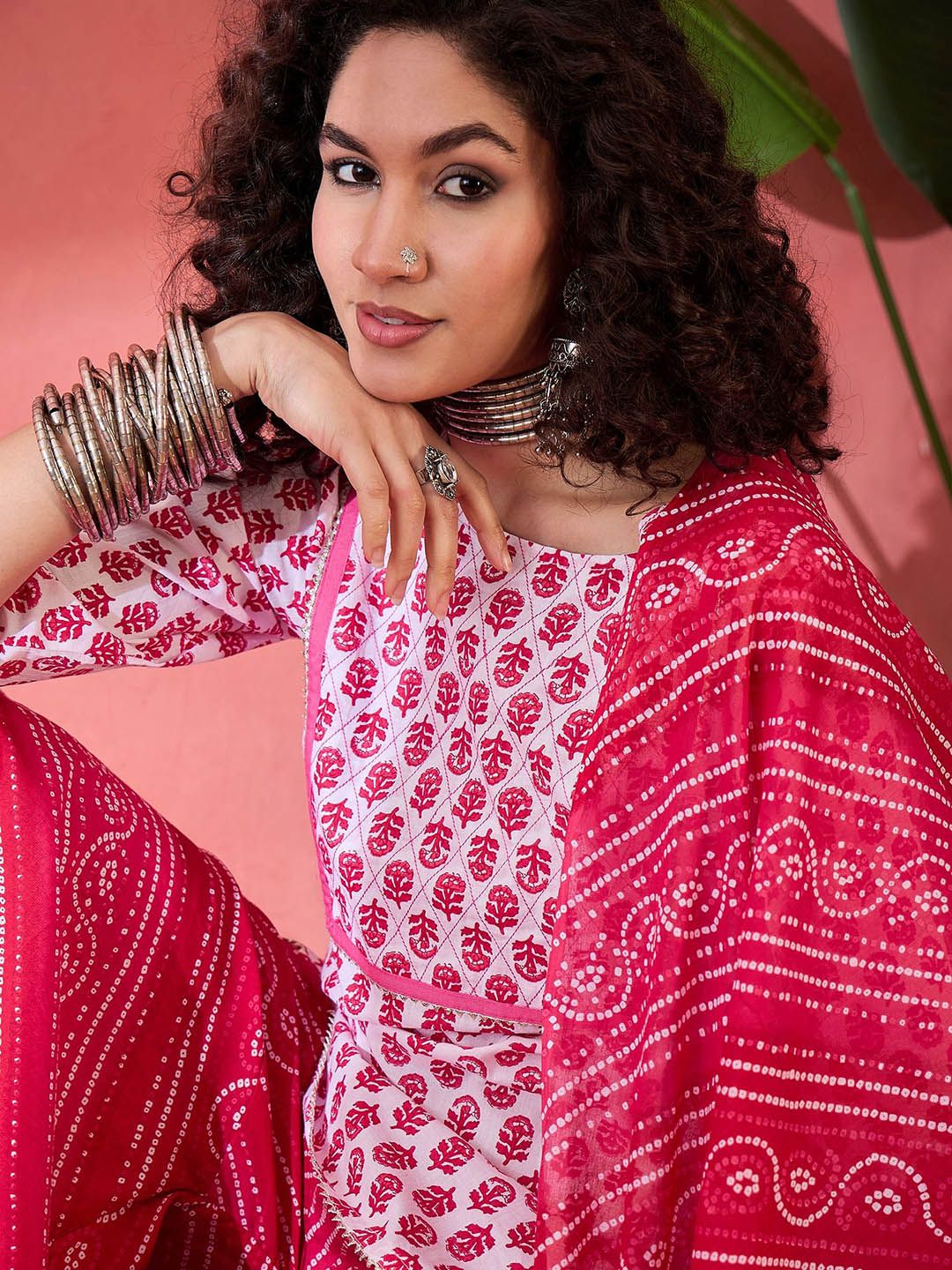 Dhiyona SN Women's Floral Printed Round Neck Pure Cotton Straight Kurti With Sharara & Dupatta