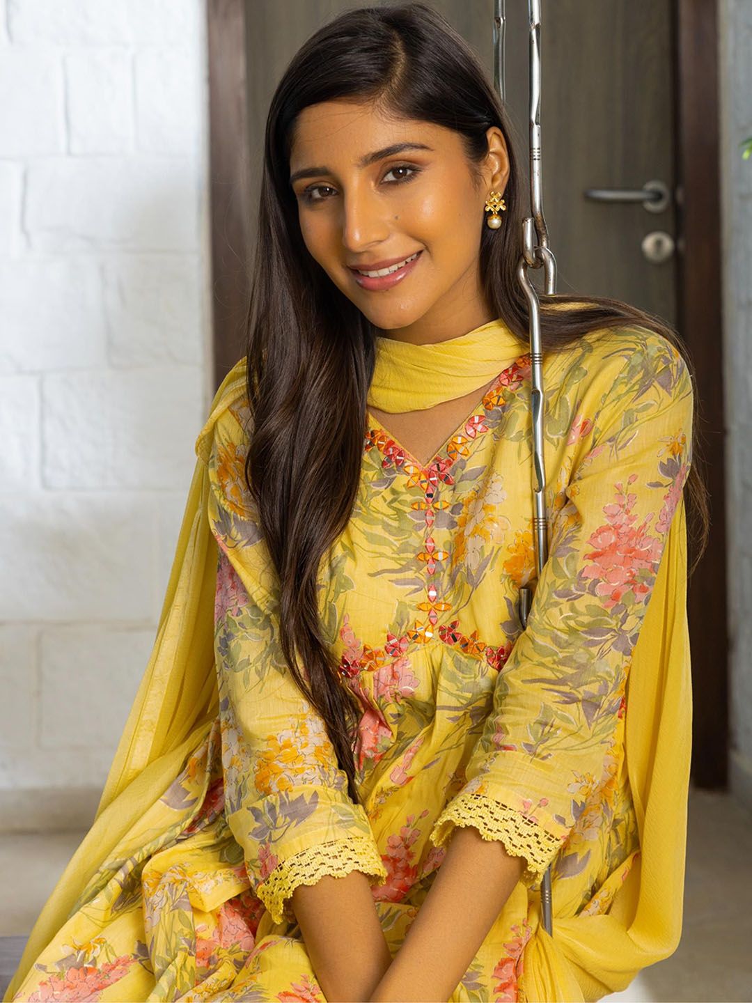 Dhiyona SN Women's Yellow Floral Printed Empire Pure Cotton Anarkali Kurta With Trousers & Dupatta