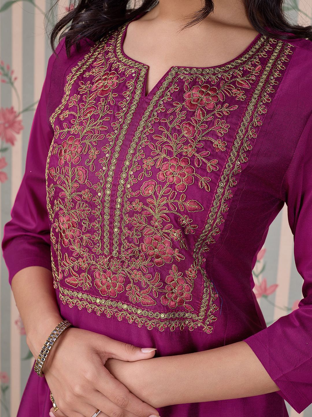 Dhiyona OD Pink Ethnic Motifs Embroidered Zari Kurta With Trousers & Dupatta