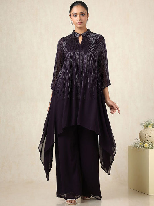 Dhiyona SO Women's Mandarin Collar Beads And Stones A-Line Kurta With Palazzos