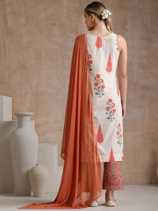 Women's Floral Printed Pure Cotton Straight Kurta with Palazzos & With Dupatta