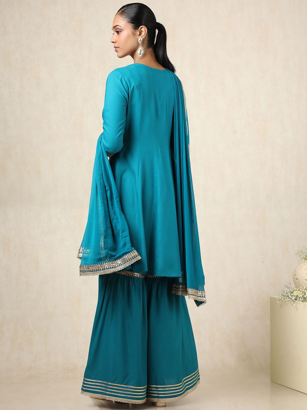 Dhiyona SO Women's Ethnic Motifs Yoke Design Round Neck A-Line Kurti With Sharara & Dupatta