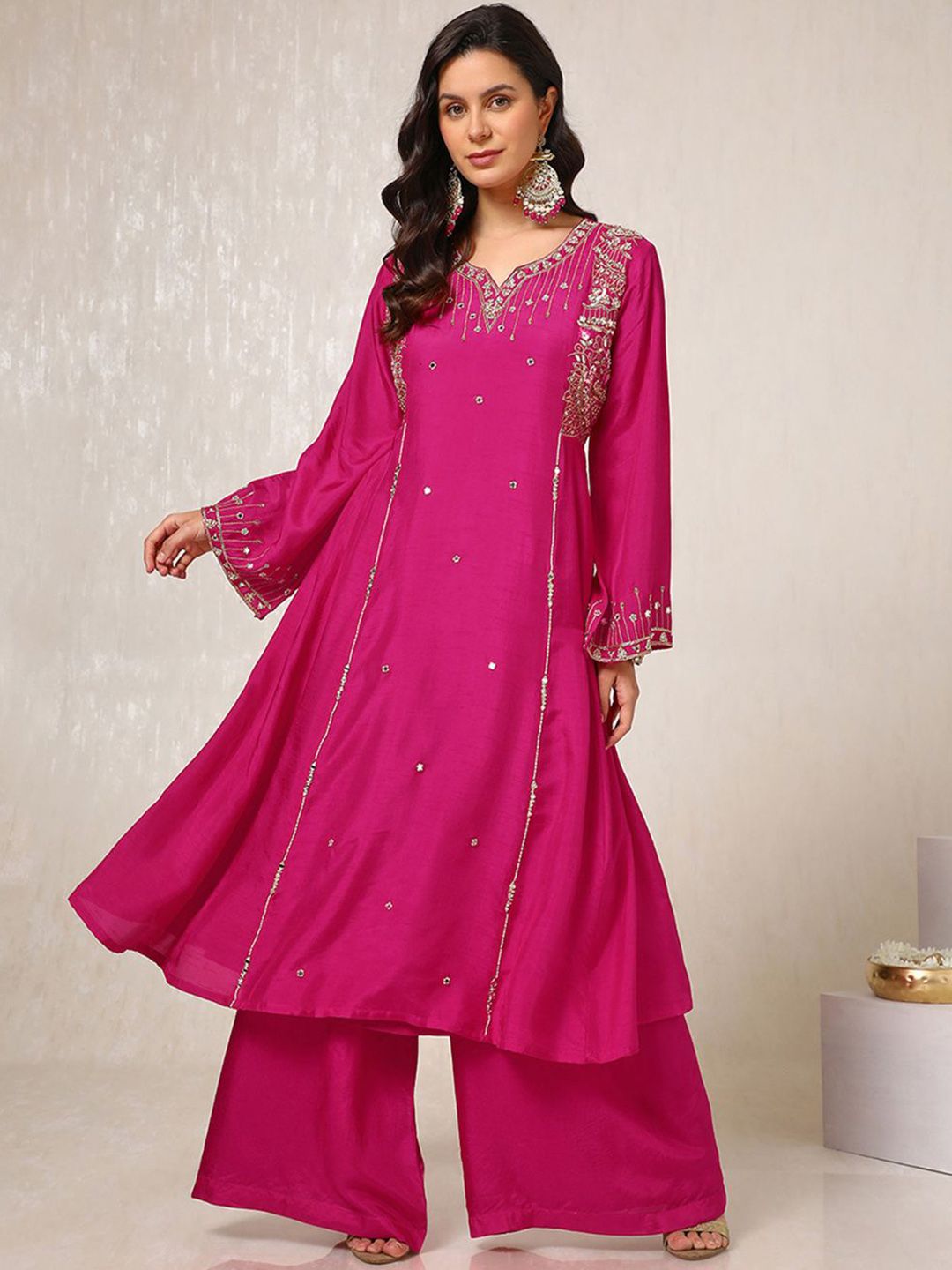 Dhiyona SO Women's Pink Ethnic Motifs Embroidered Mirror Work Dupion Silk Kurta With Palazzos & Dupatta