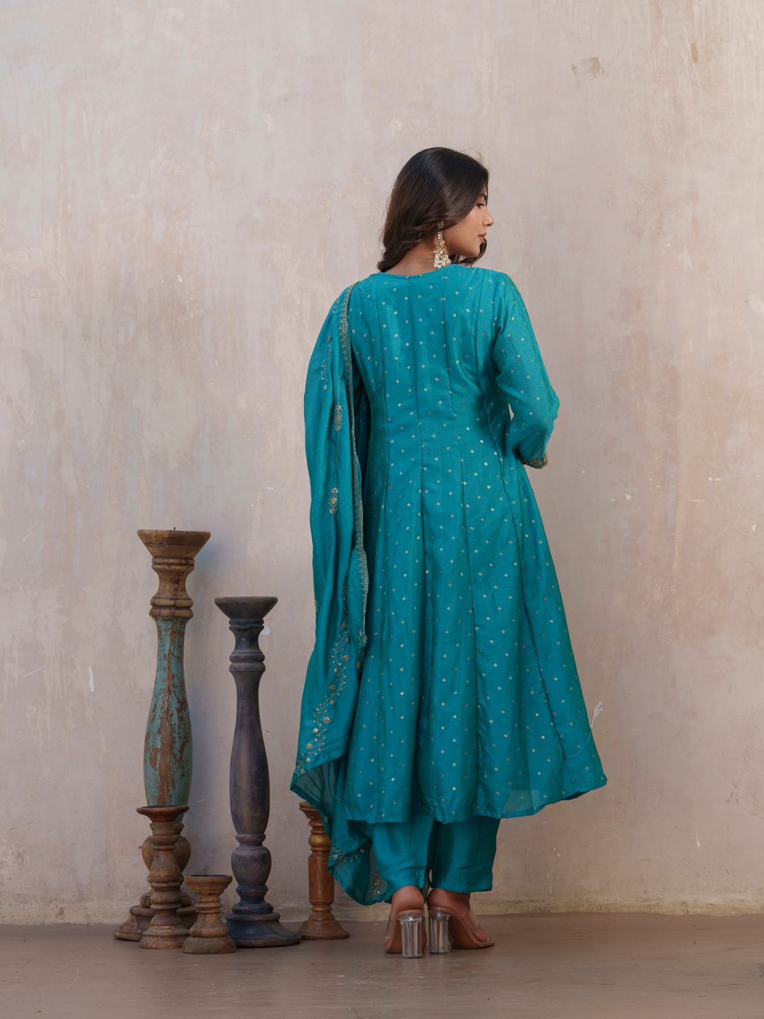 Dhiyona PD Women Bandhani Printed Panelled Anarkali Kurta With Trouser & Dupatta