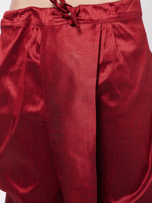 Men's Maroon Silk Blend Straight Kurta and Dhoti Set