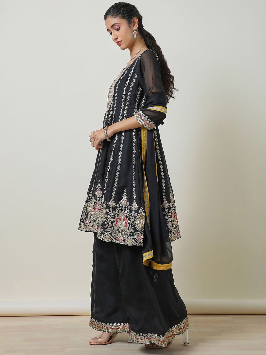 Dhiyona SO Women's Embroidered Sequinned Notch Neck Anarkali Kurta with Palazzos & Dupatta