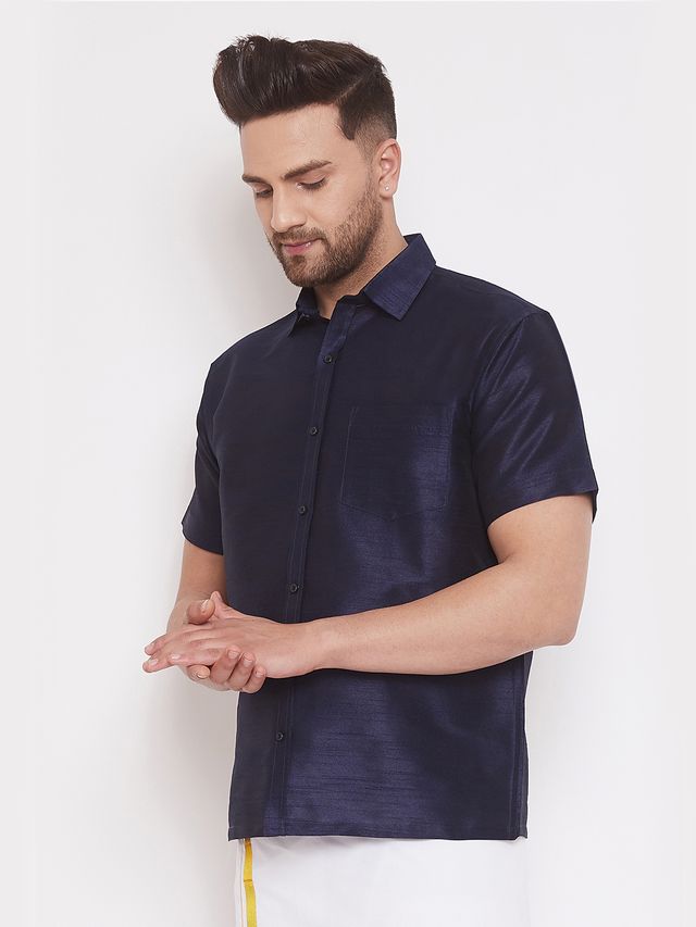 Men's Navy Blue Silk Blend Straight Shirt And Mundu