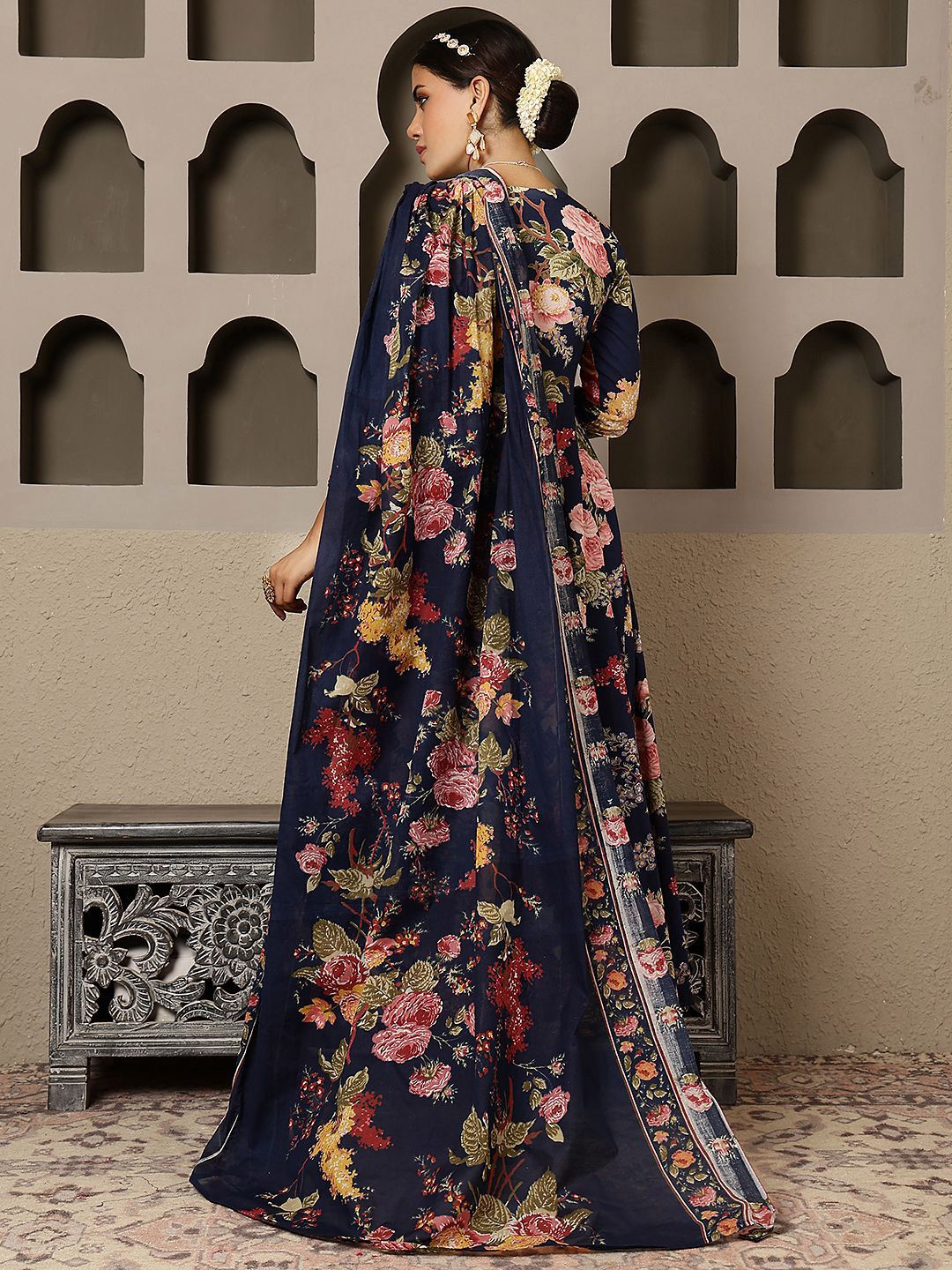 Dhiyona SN Women's Floral Printed Pure Cotton Anarkali Kurta with Palazzo & Dupatta