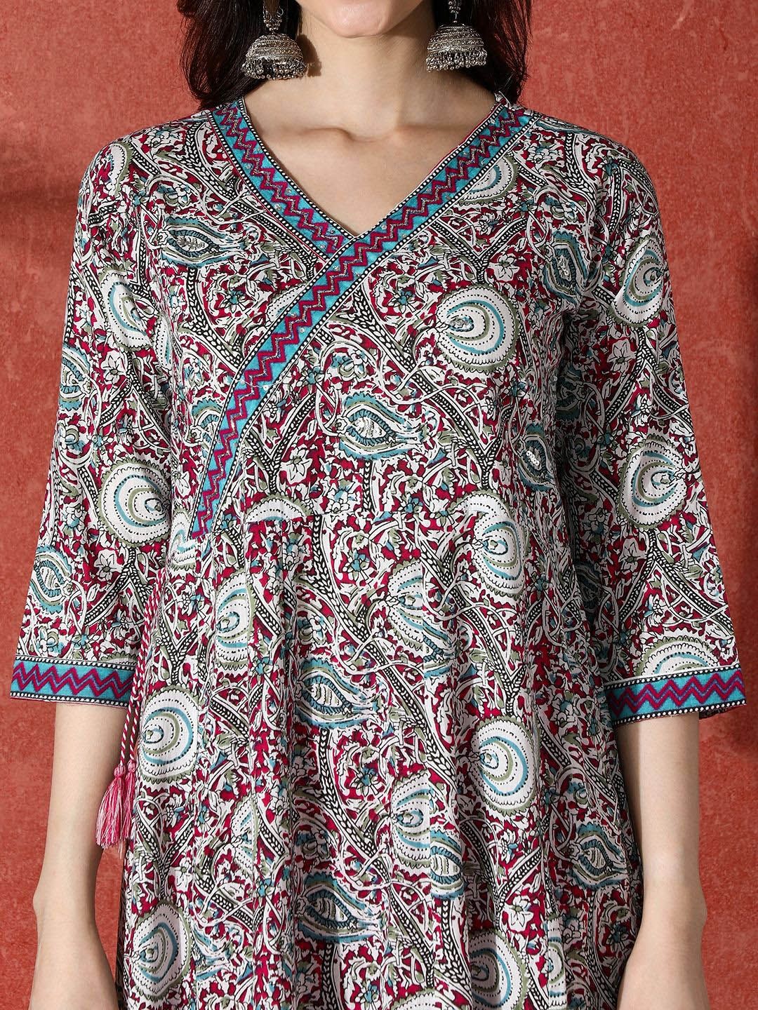 Dhiyona SN Women's Paisley Printed & Embroidered Pure Cotton A-Line Kurta & Trousers With Dupatta