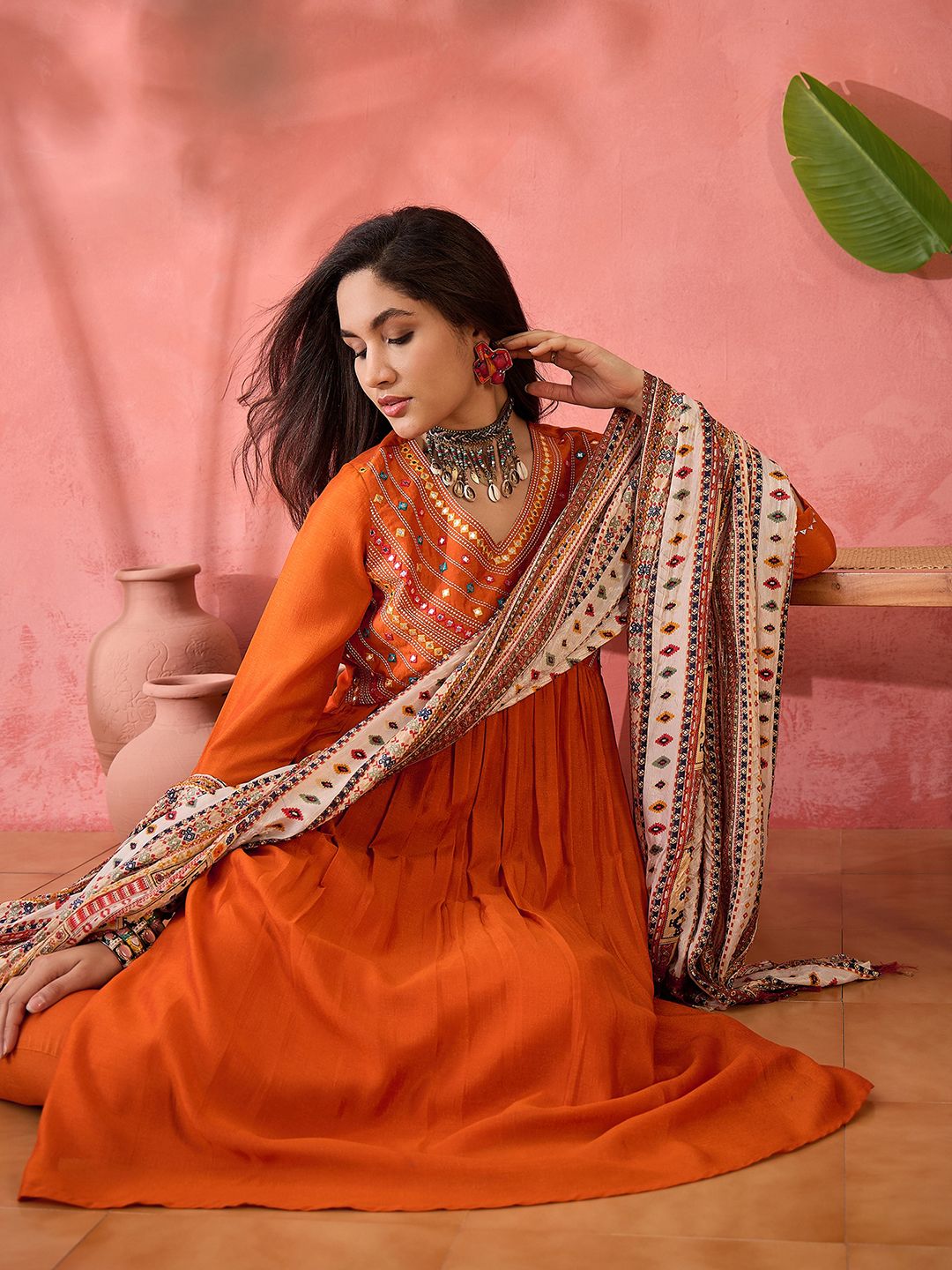 Dhiyona SN Women's Orange Mirror Work V-Neck Empire A-Line Kurta With Trousers And Dupatta