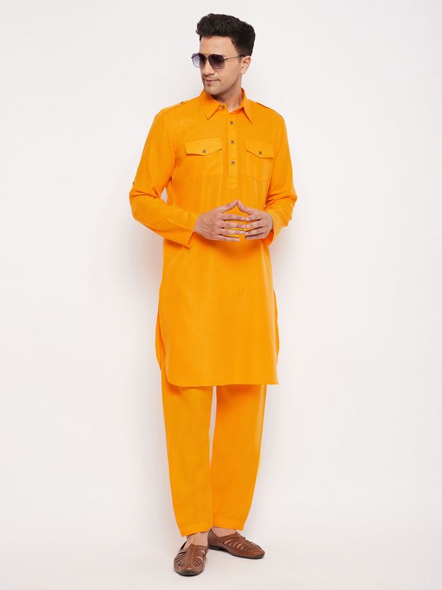 Men's Mustard Cotton Blend Pathani Pathani Kurta Set