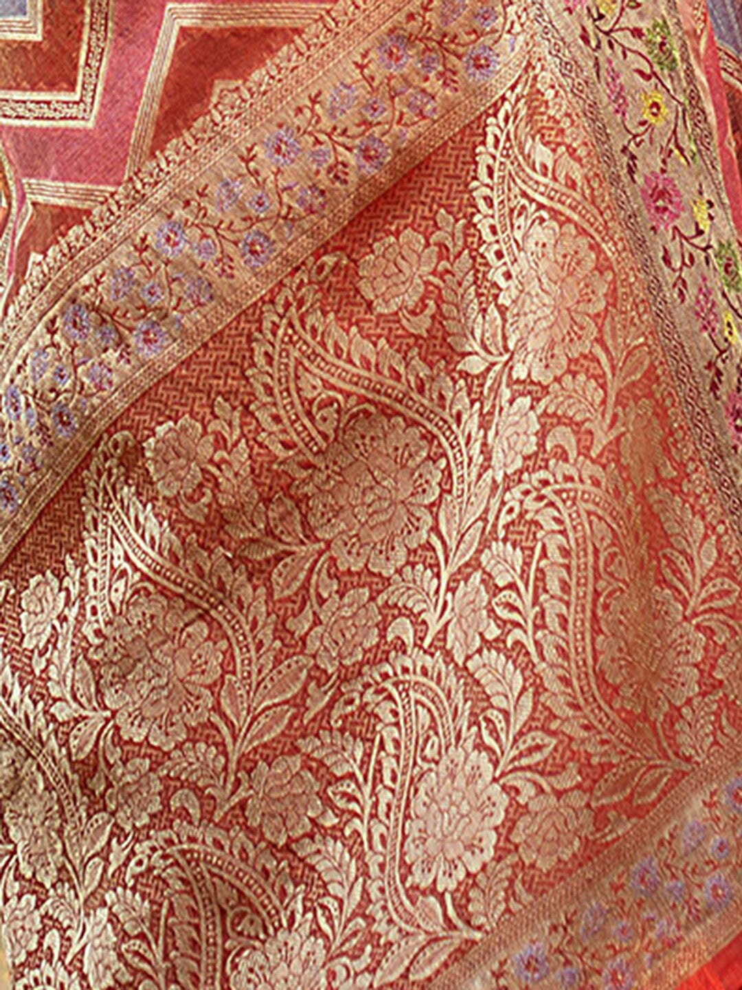 Dhiyona GR Women's Rangkat Safron Orange Leheriya Design Banarasi Organza Saree