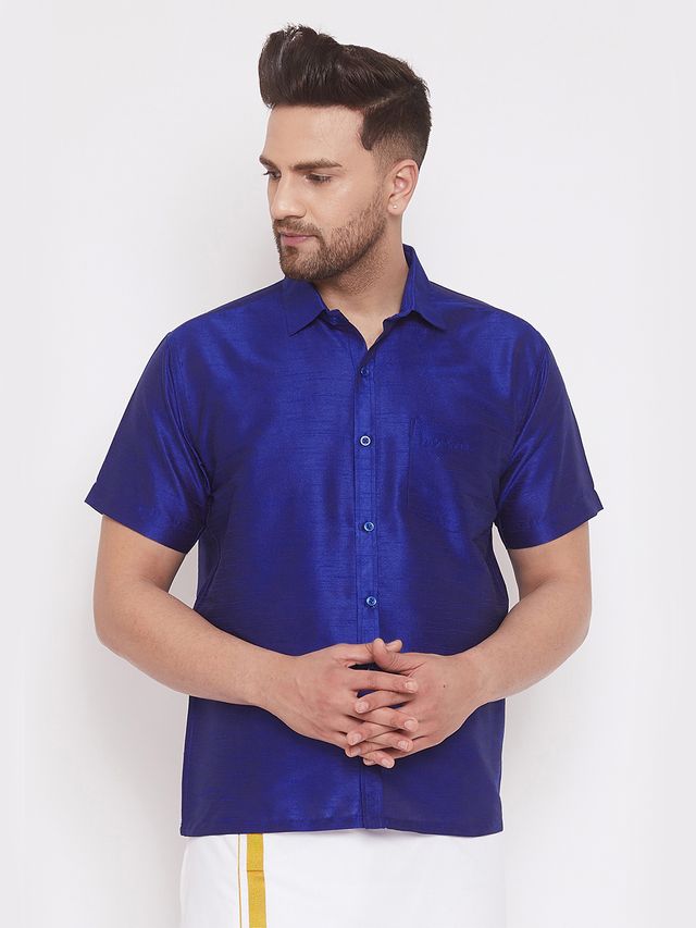 Men's Blue Silk Blend Straight Shirt And Mundu