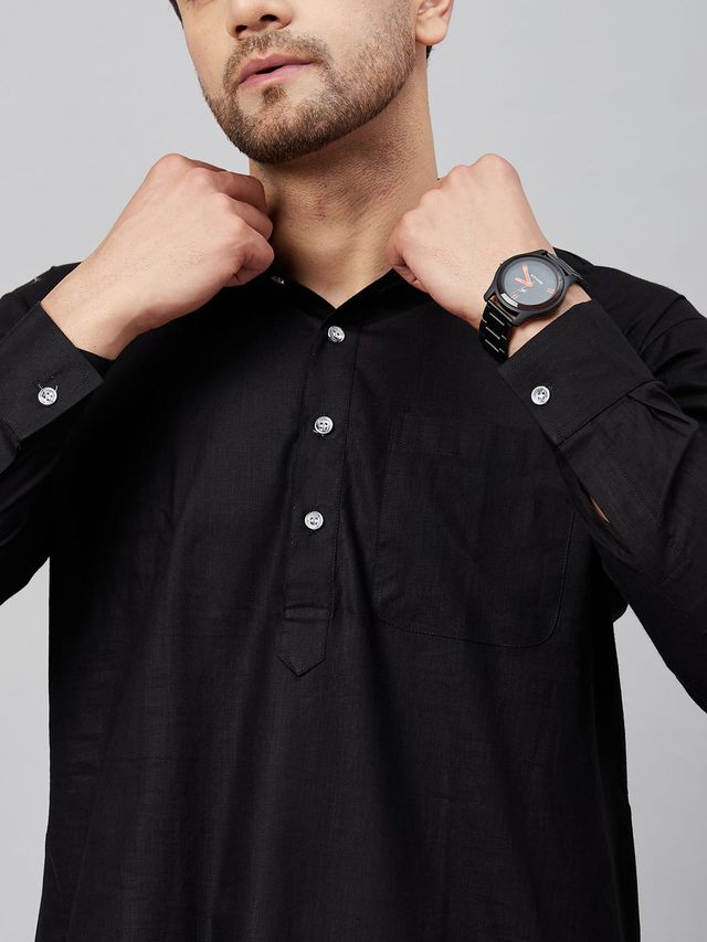 Men's Black Cotton Linen Pathani Pathani Kurta Set