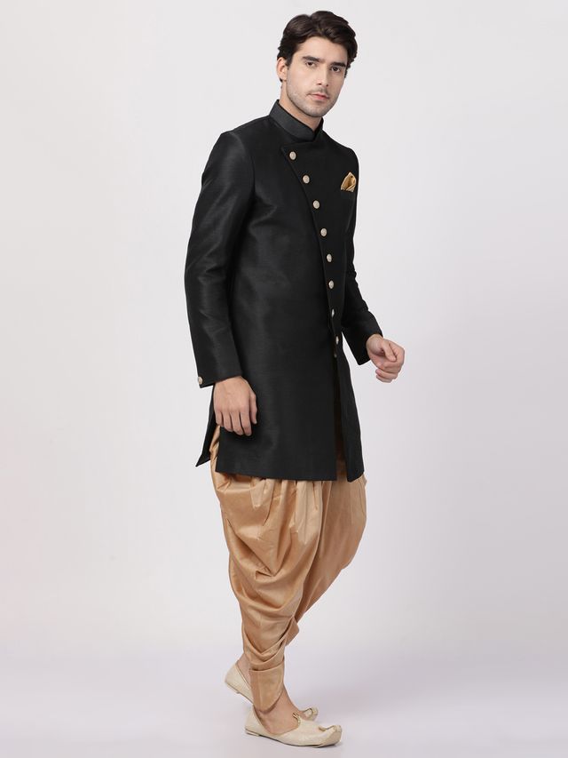 Men's Black Silk Blend Straight Sherwani Set